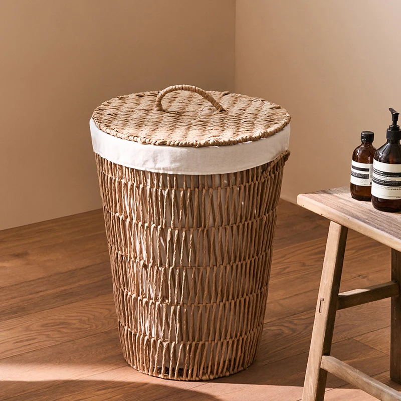 Traditional Japanese Cylindrical Handmade Paper Rope Steel With Handle Storage Basket Cabinet 1-Storage For Living Room & Bedroom