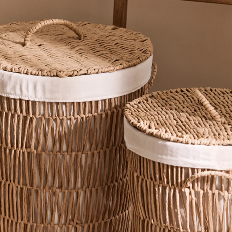 Traditional Japanese Cylindrical Handmade Paper Rope Steel With Handle Storage Basket Cabinet 1-Storage For Living Room & Bedroom