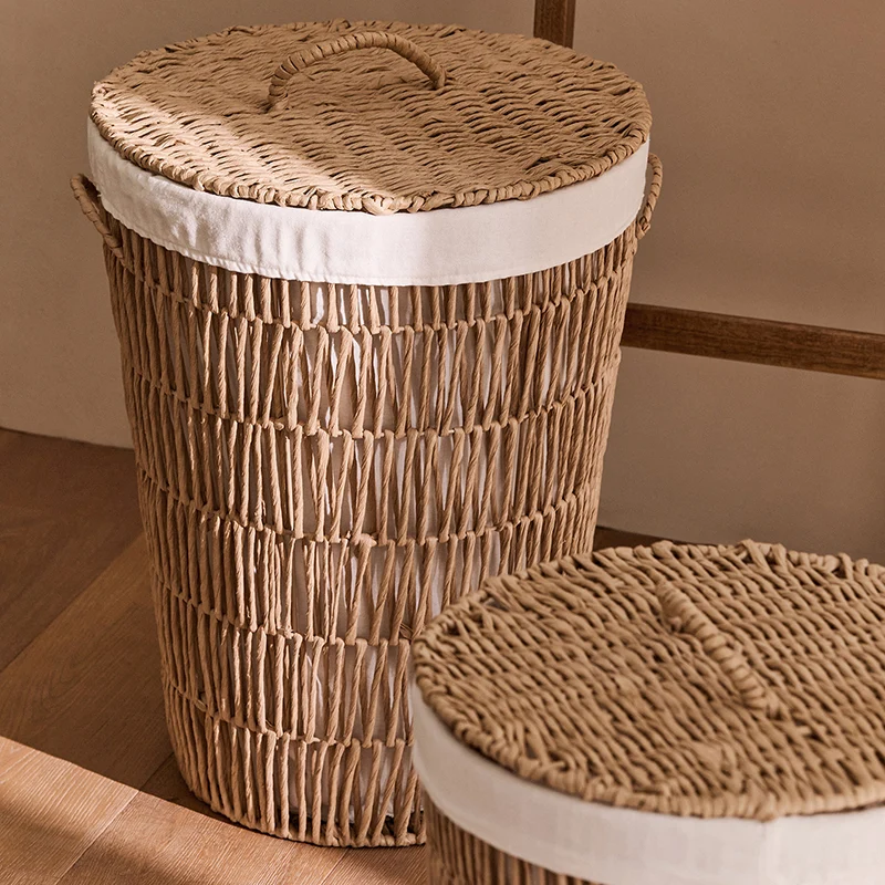 Traditional Japanese Cylindrical Handmade Paper Rope Steel With Handle Storage Basket Cabinet 1-Storage For Living Room & Bedroom