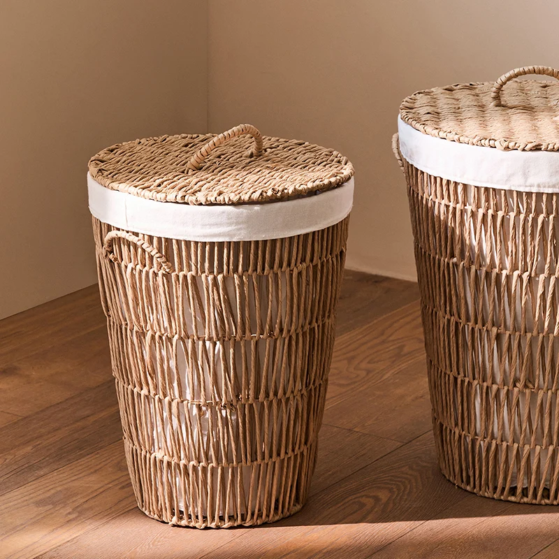 Traditional Japanese Cylindrical Handmade Paper Rope Steel With Handle Storage Basket Cabinet 1-Storage For Living Room & Bedroom