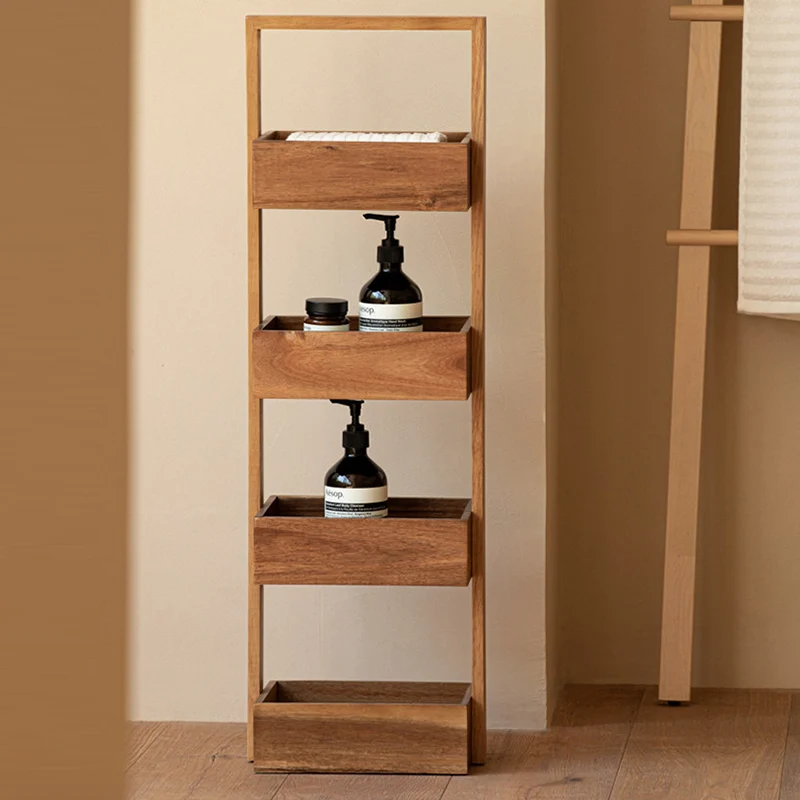 Contemporary Nordic Rectangular Ladder Acacia Wood Storage Shelf 4-Tier For Living Room