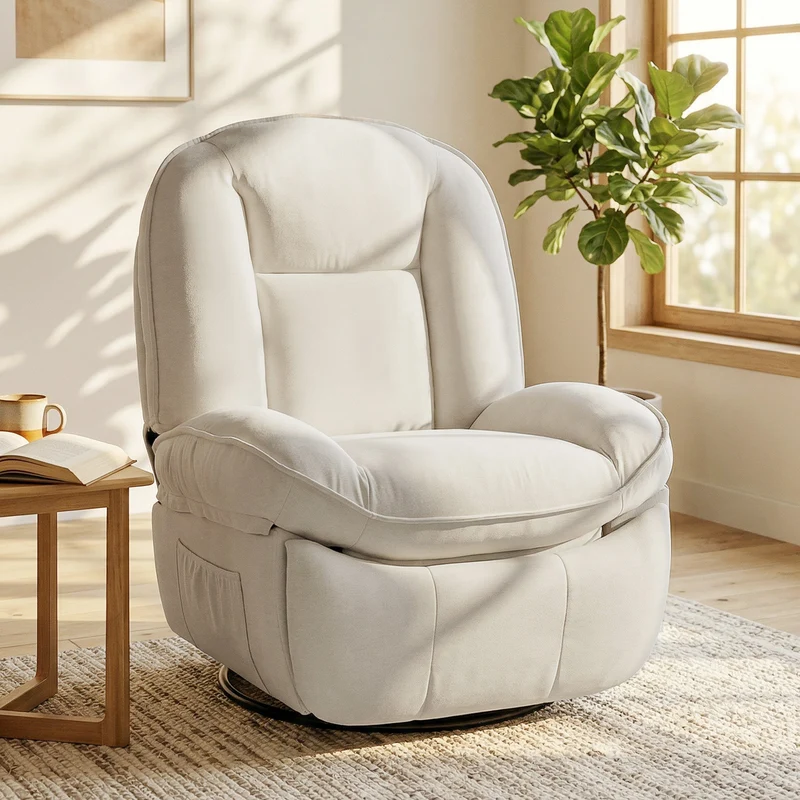 Fauteuil inclinable pivotant 360° 93 x 91 x 104 cm assise large repose-pieds style contemporain cosy en chenille crème 21_0003188