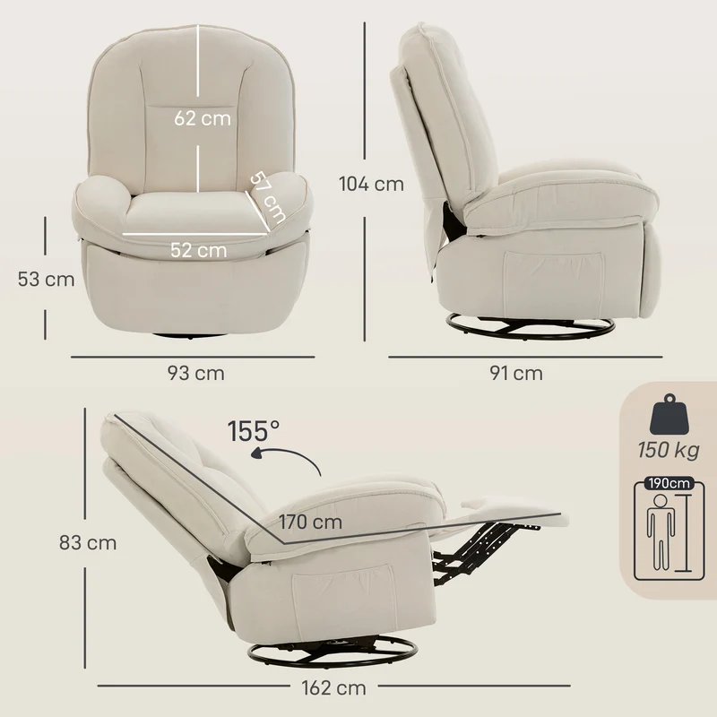 Fauteuil inclinable pivotant 360° 93 x 91 x 104 cm assise large repose-pieds style contemporain cosy en chenille crème 21_0003188