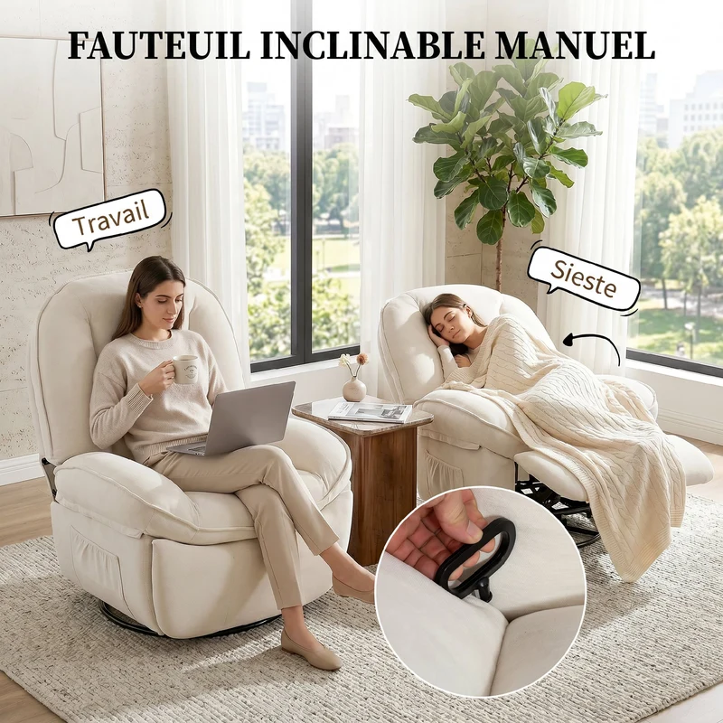 Fauteuil inclinable pivotant 360° 93 x 91 x 104 cm assise large repose-pieds style contemporain cosy en chenille crème 21_0003188