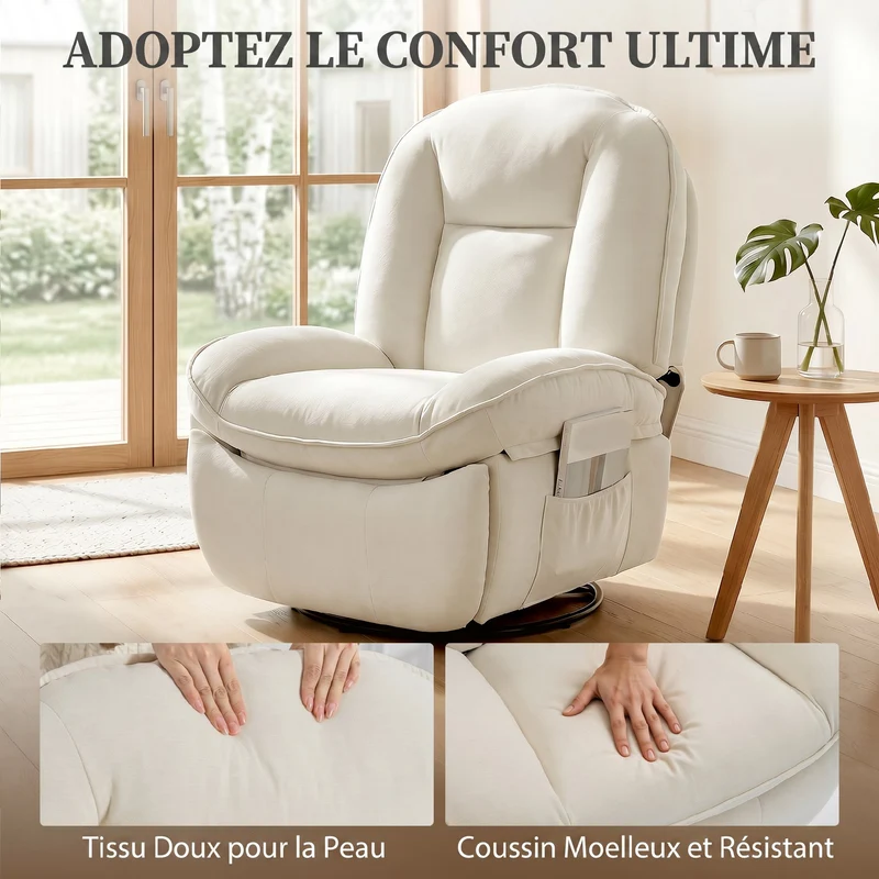 Fauteuil inclinable pivotant 360° 93 x 91 x 104 cm assise large repose-pieds style contemporain cosy en chenille crème 21_0003188