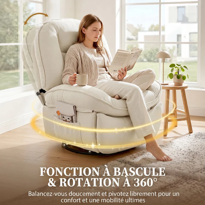 Fauteuil inclinable pivotant 360° 93 x 91 x 104 cm assise large repose-pieds style contemporain cosy en chenille crème 21_0003188