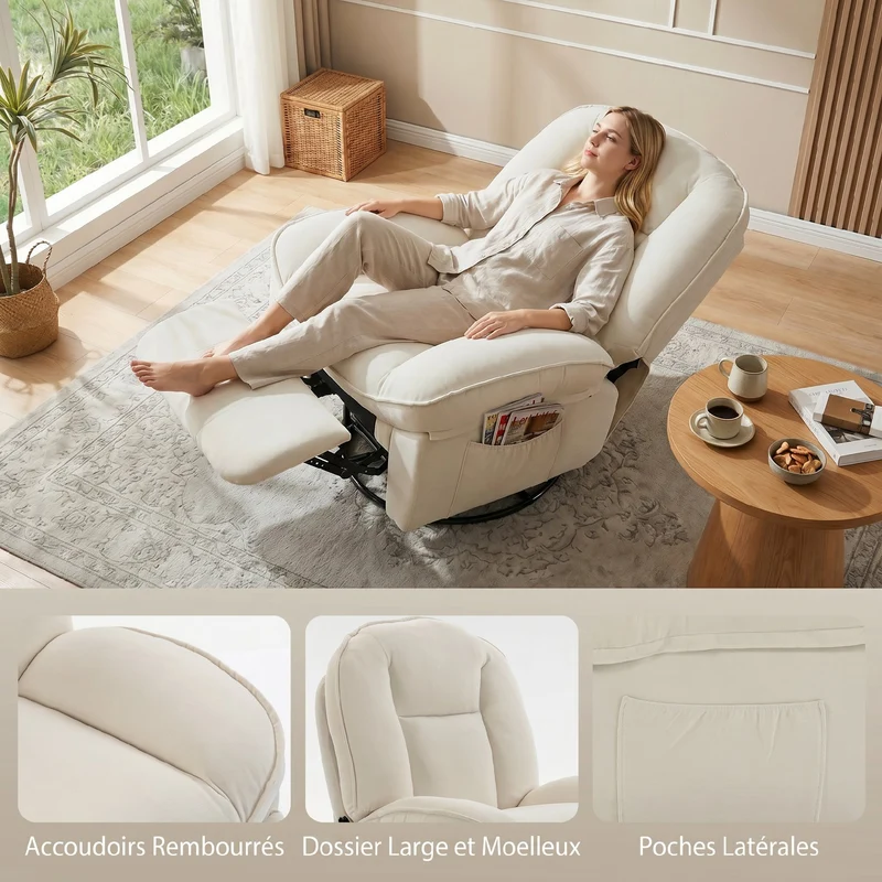 Fauteuil inclinable pivotant 360° 93 x 91 x 104 cm assise large repose-pieds style contemporain cosy en chenille crème 21_0003188