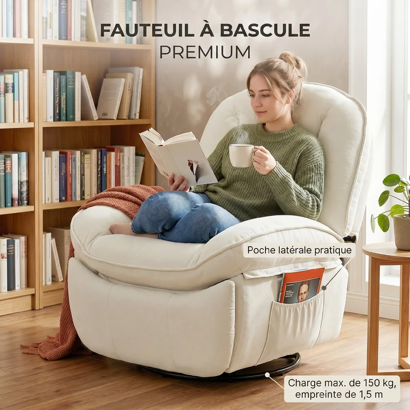 Fauteuil inclinable pivotant 360° 93 x 91 x 104 cm assise large repose-pieds style contemporain cosy en chenille crème 21_0003188