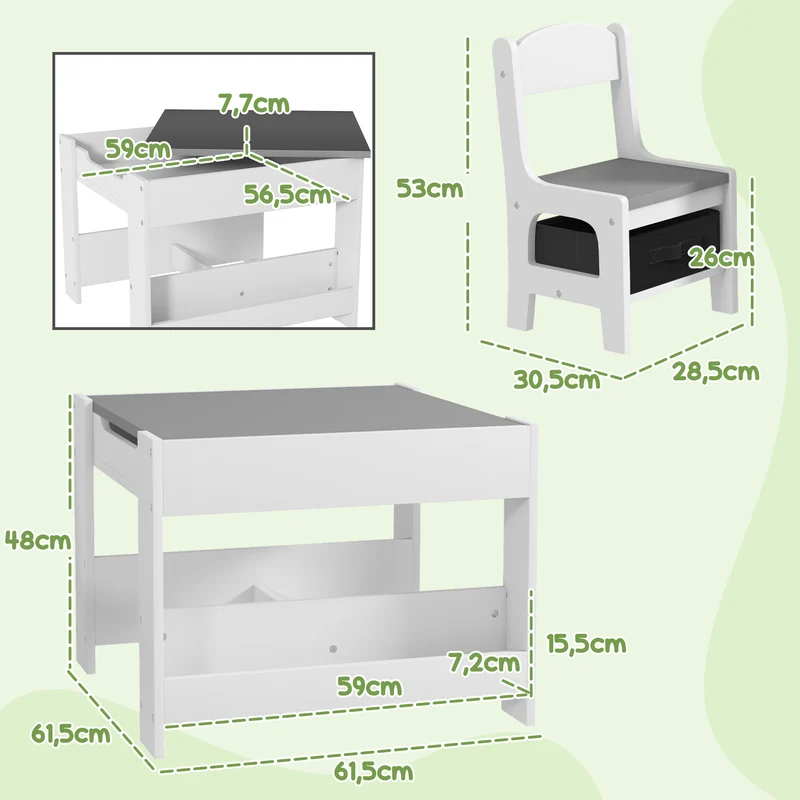 Ensemble table et 2 chaises pour enfant 61.5 x 61.5 x 48 cm plateau réversible rangement compact scandinave en MDF gris 21_0000206