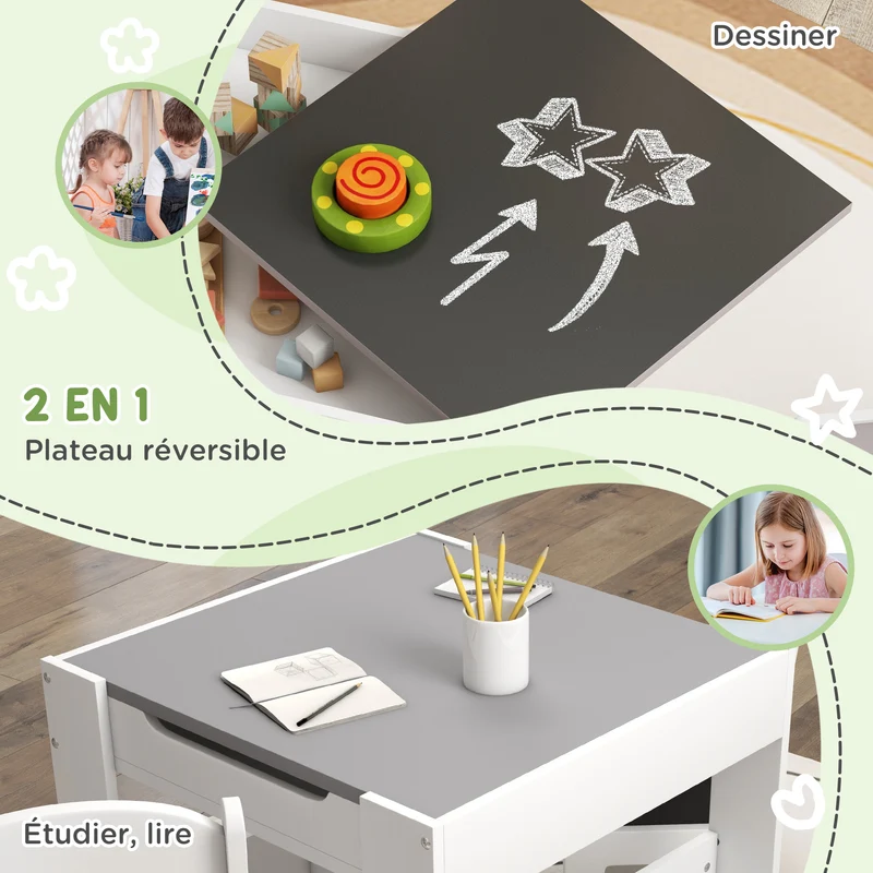 Ensemble table et 2 chaises pour enfant 61.5 x 61.5 x 48 cm plateau réversible rangement compact scandinave en MDF gris 21_0000206