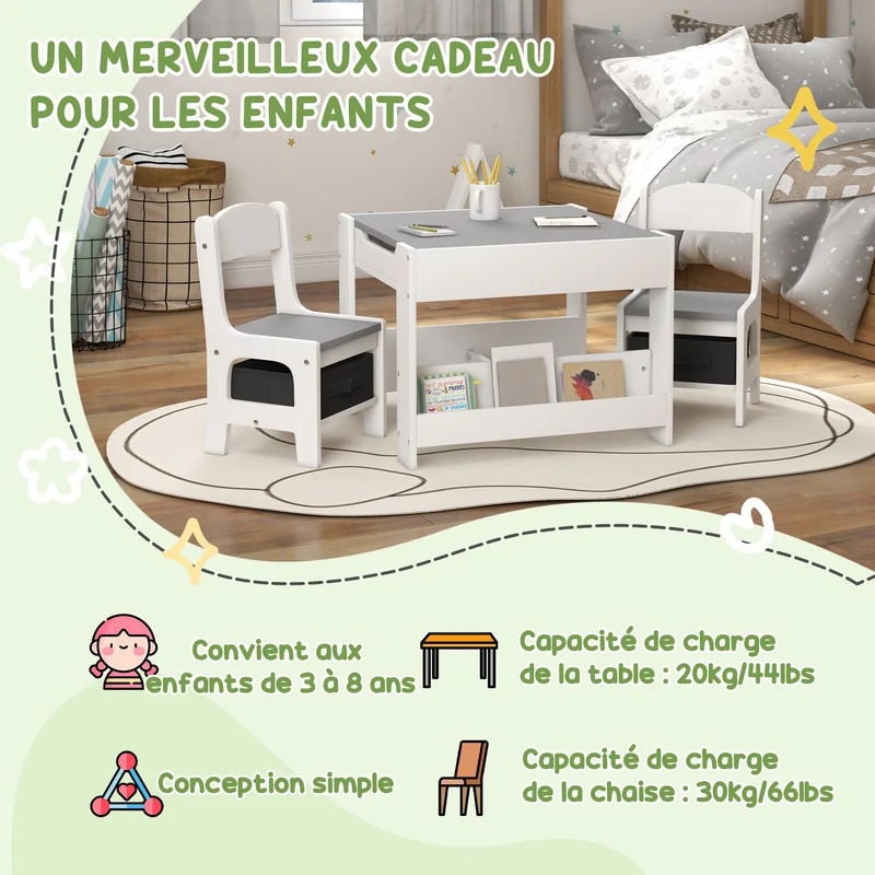 Ensemble table et 2 chaises pour enfant 61.5 x 61.5 x 48 cm plateau réversible rangement compact scandinave en MDF gris 21_0000206