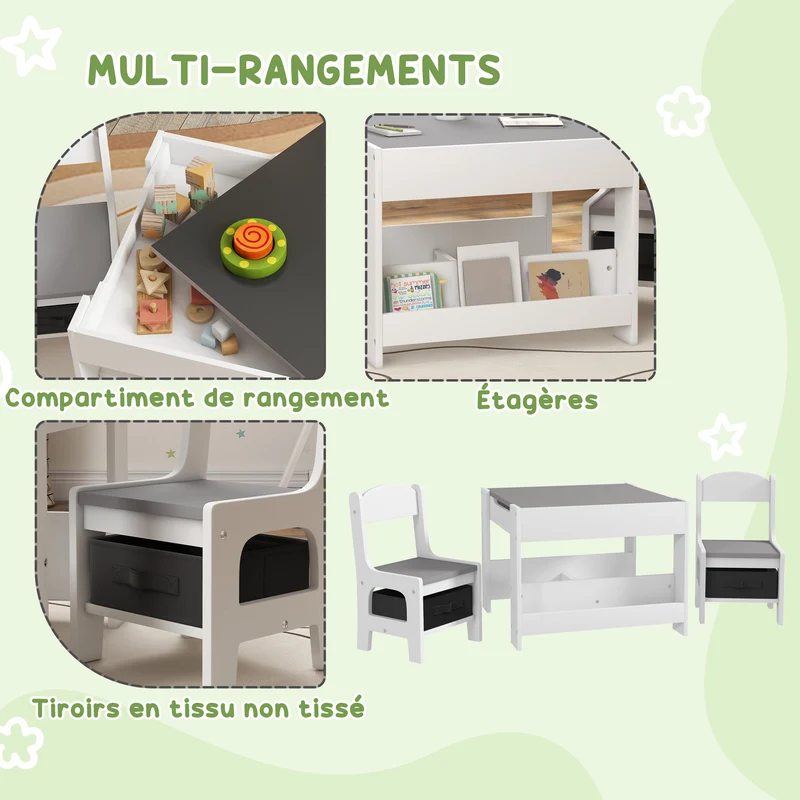 Ensemble table et 2 chaises pour enfant 61.5 x 61.5 x 48 cm plateau réversible rangement compact scandinave en MDF gris 21_0000206