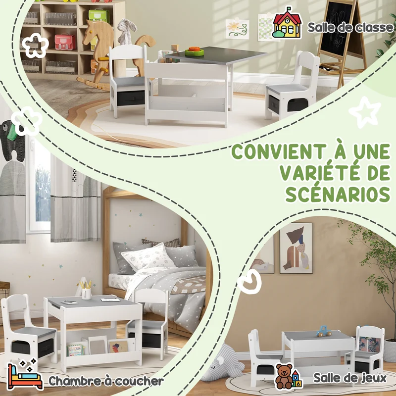 Ensemble table et 2 chaises pour enfant 61.5 x 61.5 x 48 cm plateau réversible rangement compact scandinave en MDF gris 21_0000206