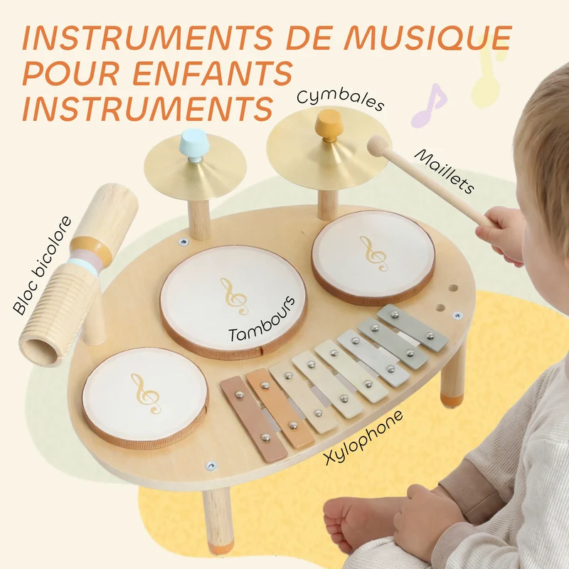 Ensemble percussions pour tout-petit 39,5 x 28,5 x 23 cm éveil sensoriel coordination motrice scandinave en bois naturel 21_0000698