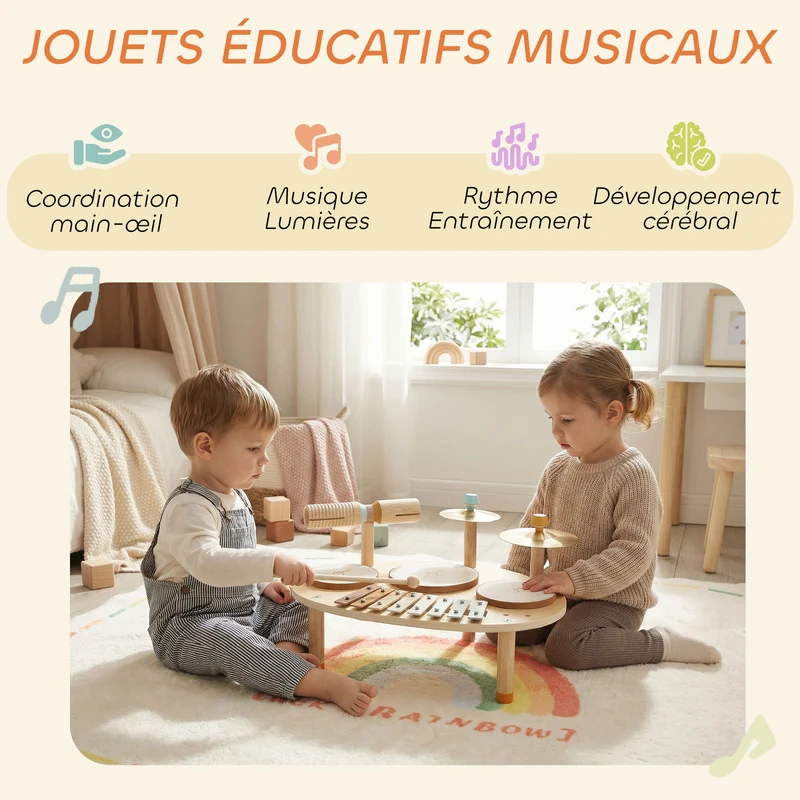 Ensemble percussions pour tout-petit 39,5 x 28,5 x 23 cm éveil sensoriel coordination motrice scandinave en bois naturel 21_0000698