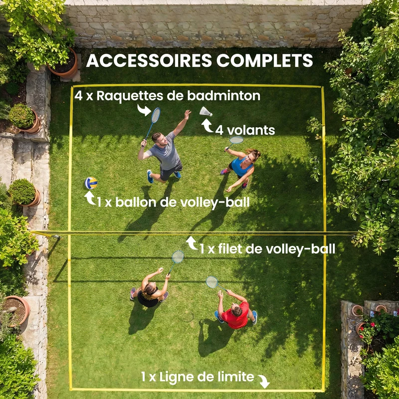 Ensemble de volley et badminton extérieur 950 x 100 x 248 cm hauteur réglable installation rapide tendance en acier noir 21_0006674