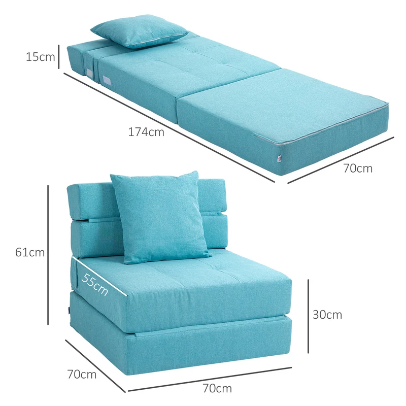 Chauffeuse convertible 1 place canapé lit 70 x 70 x 61 cm lit d'appoint housse amovible scandinave en polyester bleu 21_0003011