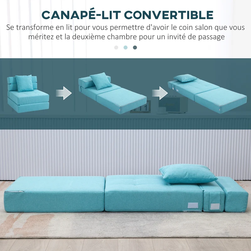 Chauffeuse convertible 1 place canapé lit 70 x 70 x 61 cm lit d'appoint housse amovible scandinave en polyester bleu 21_0003011