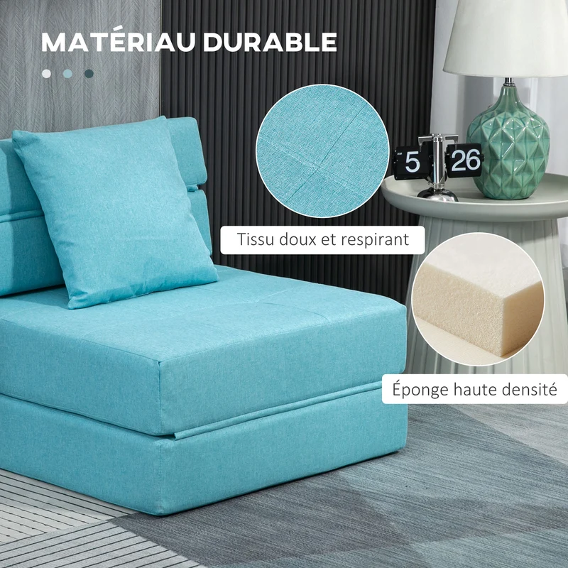 Chauffeuse convertible 1 place canapé lit 70 x 70 x 61 cm lit d'appoint housse amovible scandinave en polyester bleu 21_0003011