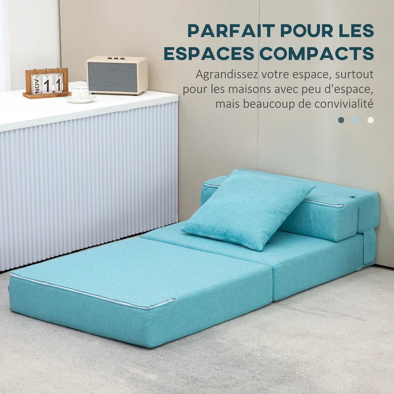 Chauffeuse convertible 1 place canapé lit 70 x 70 x 61 cm lit d'appoint housse amovible scandinave en polyester bleu 21_0003011