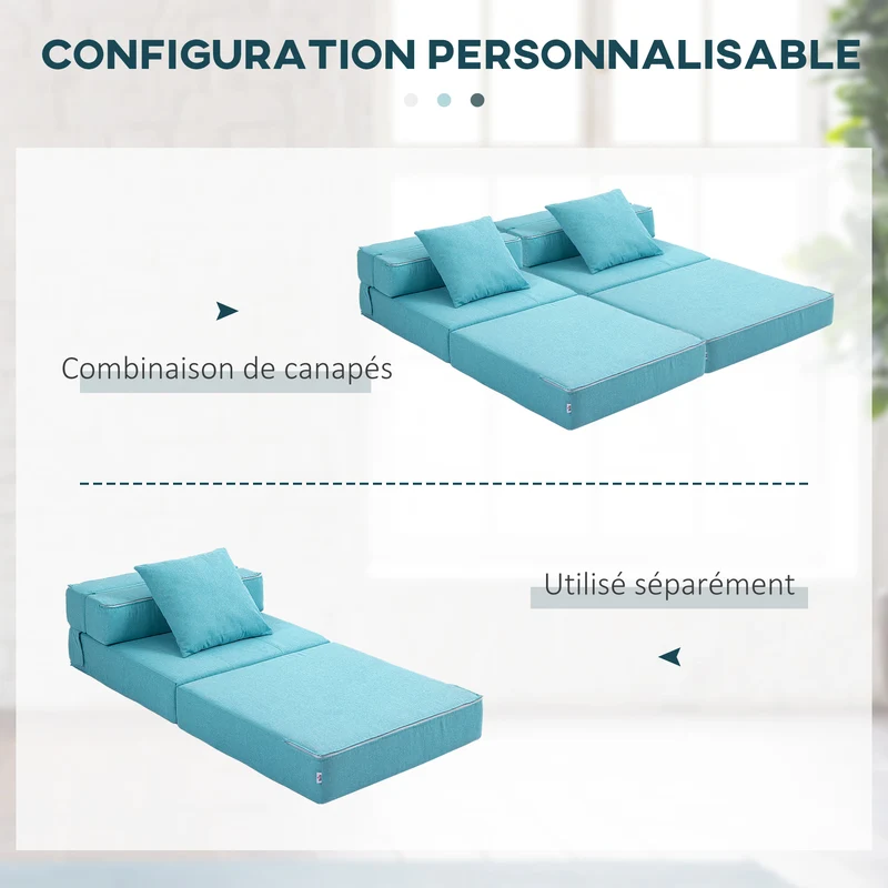 Chauffeuse convertible 1 place canapé lit 70 x 70 x 61 cm lit d'appoint housse amovible scandinave en polyester bleu 21_0003011