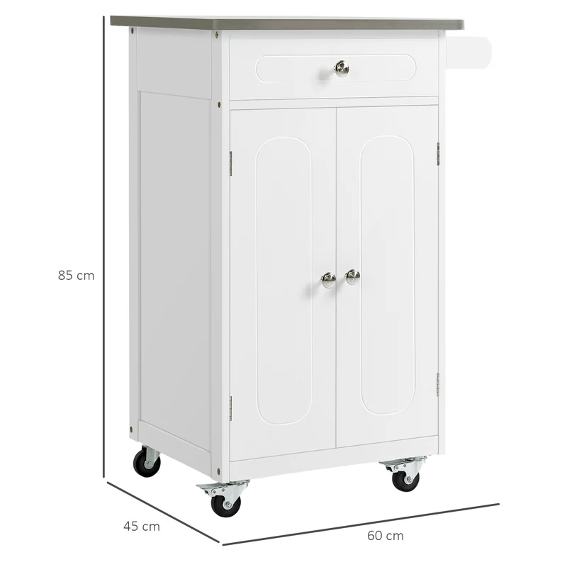 Chariot desserte de cuisine 60 x 45 x 85 cm rangements multiples tiroir placard porte torchon style moderne en MDF blanc 21_0001016