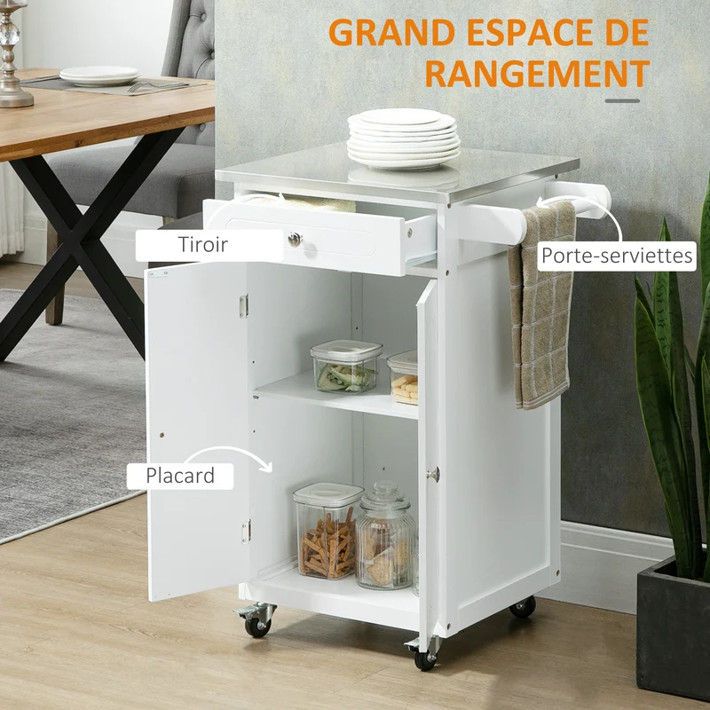 Chariot desserte de cuisine 60 x 45 x 85 cm rangements multiples tiroir placard porte torchon style moderne en MDF blanc 21_0001016