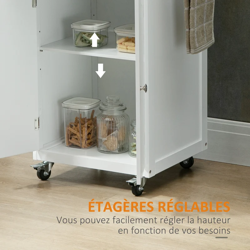 Chariot desserte de cuisine 60 x 45 x 85 cm rangements multiples tiroir placard porte torchon style moderne en MDF blanc 21_0001016