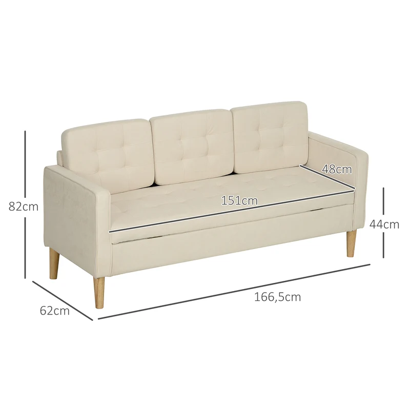 Canapé 3 places salon 166.5 x 62 x 82 cm rangement caché dossier capitonné style contemporain épuré en polyester crème 21_0003014
