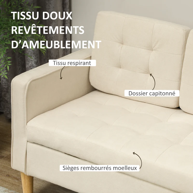 Canapé 3 places salon 166.5 x 62 x 82 cm rangement caché dossier capitonné style contemporain épuré en polyester crème 21_0003014