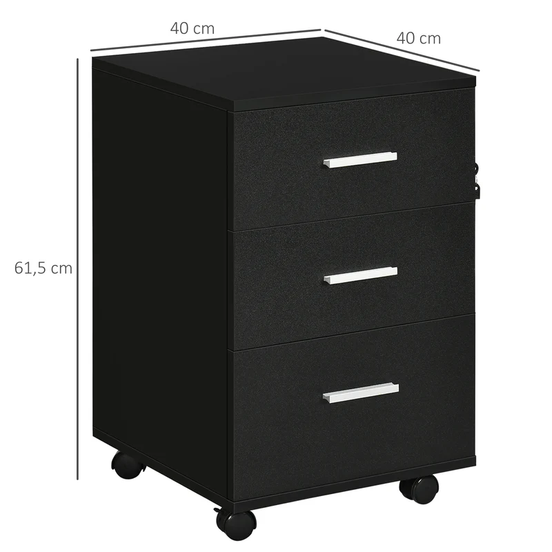 Caisson bureau à roulettes 40 x 40 x 61.5 cm 3 tiroirs verrouillable sécurisé scandinave en panneau de particules noir 21_0006376
