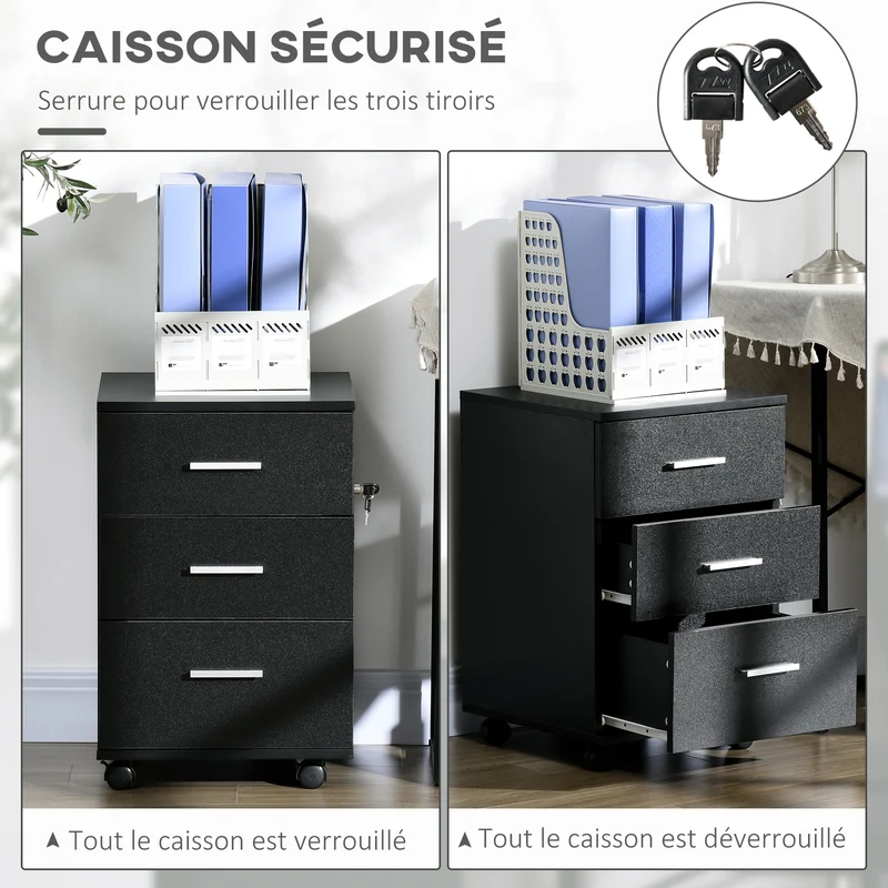 Caisson bureau à roulettes 40 x 40 x 61.5 cm 3 tiroirs verrouillable sécurisé scandinave en panneau de particules noir 21_0006376