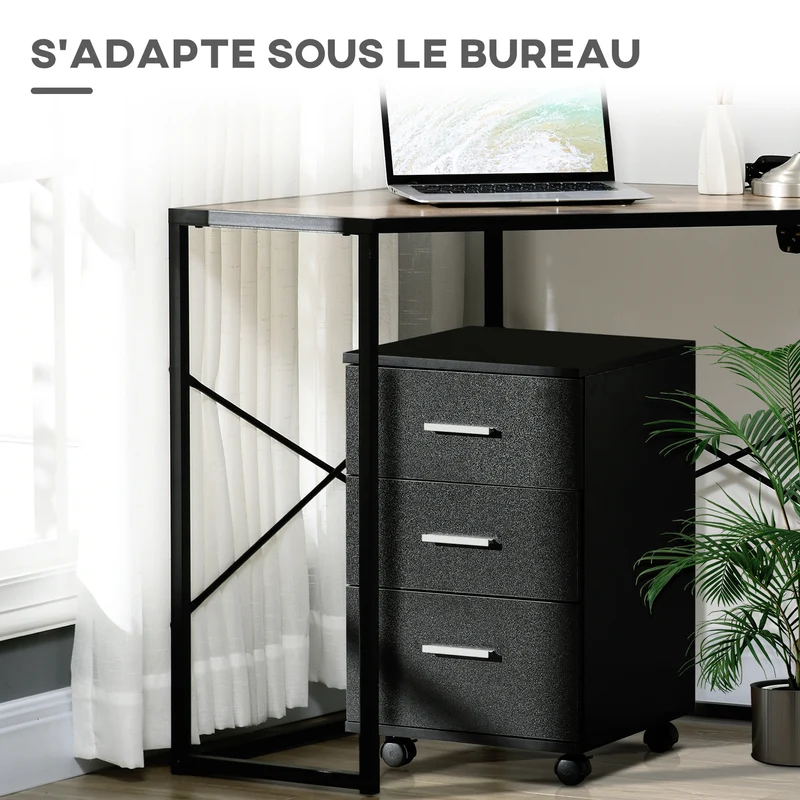 Caisson bureau à roulettes 40 x 40 x 61.5 cm 3 tiroirs verrouillable sécurisé scandinave en panneau de particules noir 21_0006376