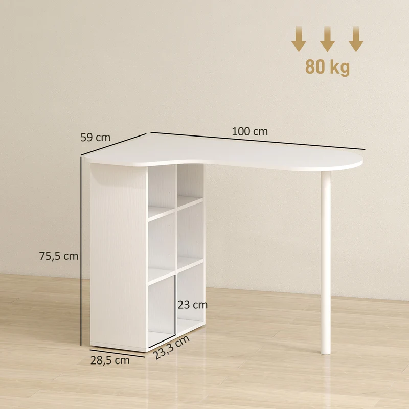 Bureau d'ordinateur irrégulier 100 x 59 x 75.5 cm 6 compartiments réglables rangement sûr épuré moderne en MDF blanc 21_0002554