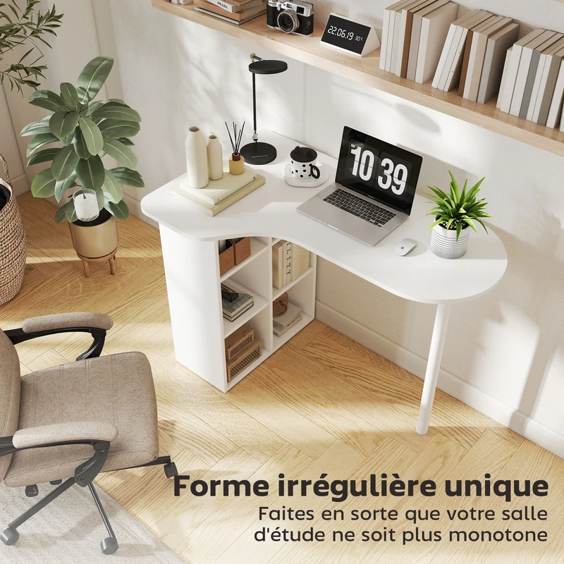 Bureau d'ordinateur irrégulier 100 x 59 x 75.5 cm 6 compartiments réglables rangement sûr épuré moderne en MDF blanc 21_0002554