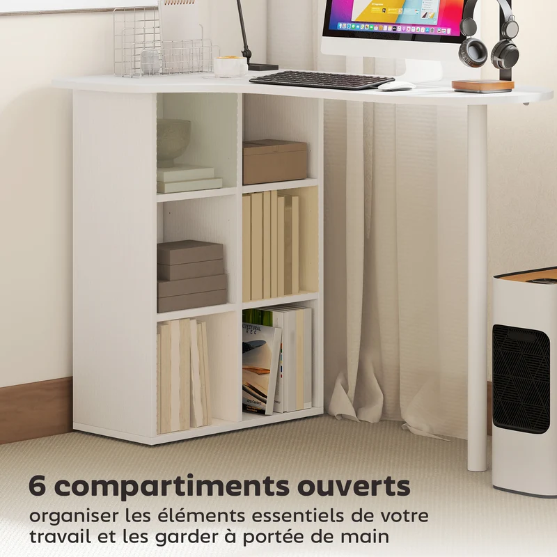 Bureau d'ordinateur irrégulier 100 x 59 x 75.5 cm 6 compartiments réglables rangement sûr épuré moderne en MDF blanc 21_0002554