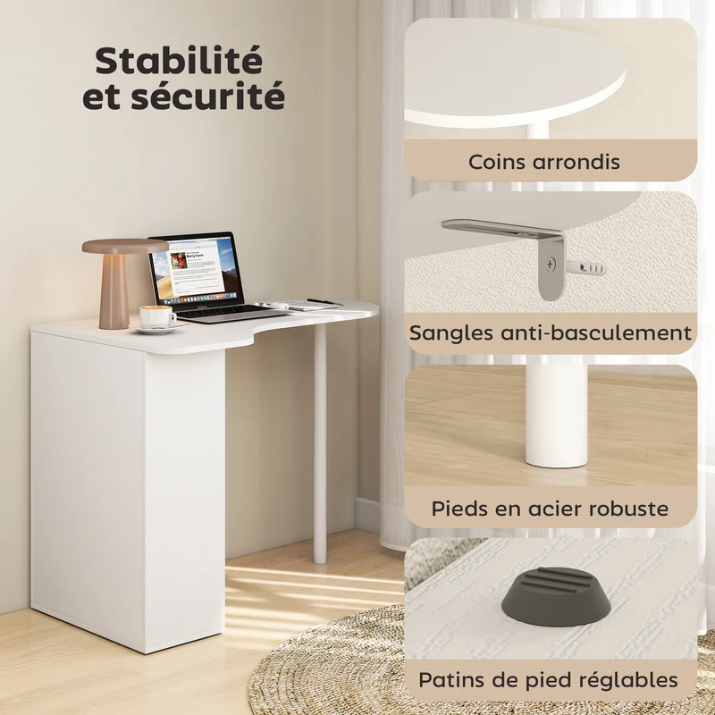 Bureau d'ordinateur irrégulier 100 x 59 x 75.5 cm 6 compartiments réglables rangement sûr épuré moderne en MDF blanc 21_0002554