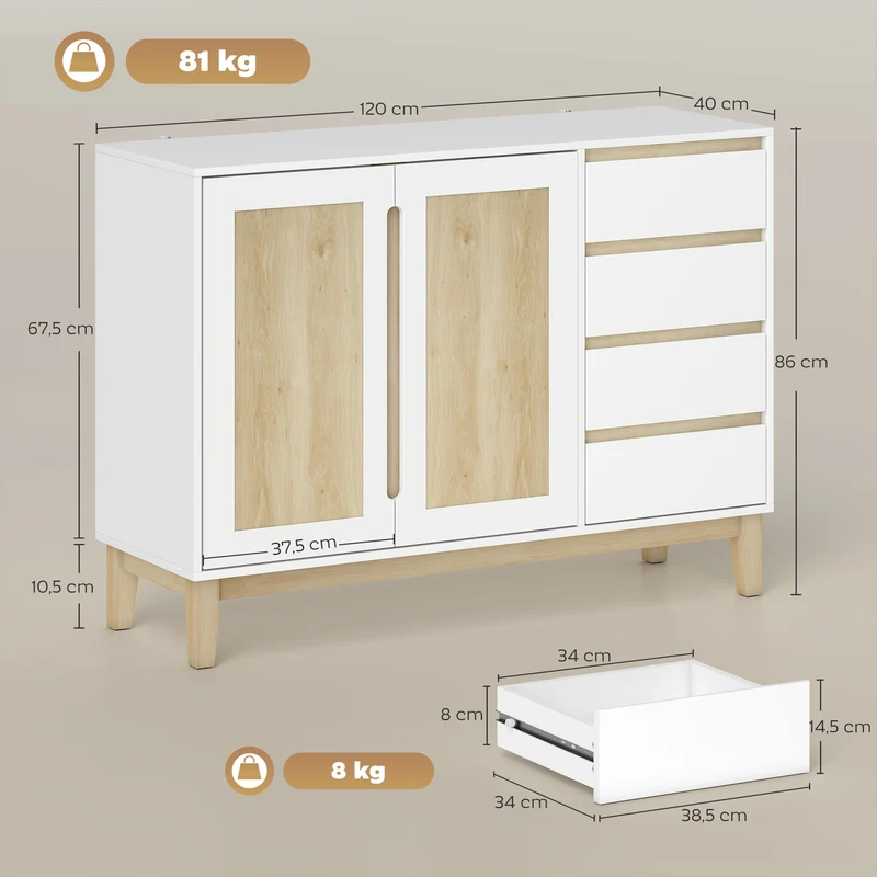 Buffet meuble de rangement salon 120 x 40 x 86 cm rangement modulable étagère réglable scandinave épuré en MDF blanc 21_0003558