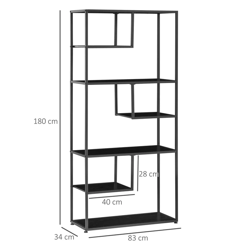 Bibliothèque étagère de rangement salon 83 x 34 x 180 cm gain de place 7 niveaux style industriel épuré en MDF noir 21_0002888