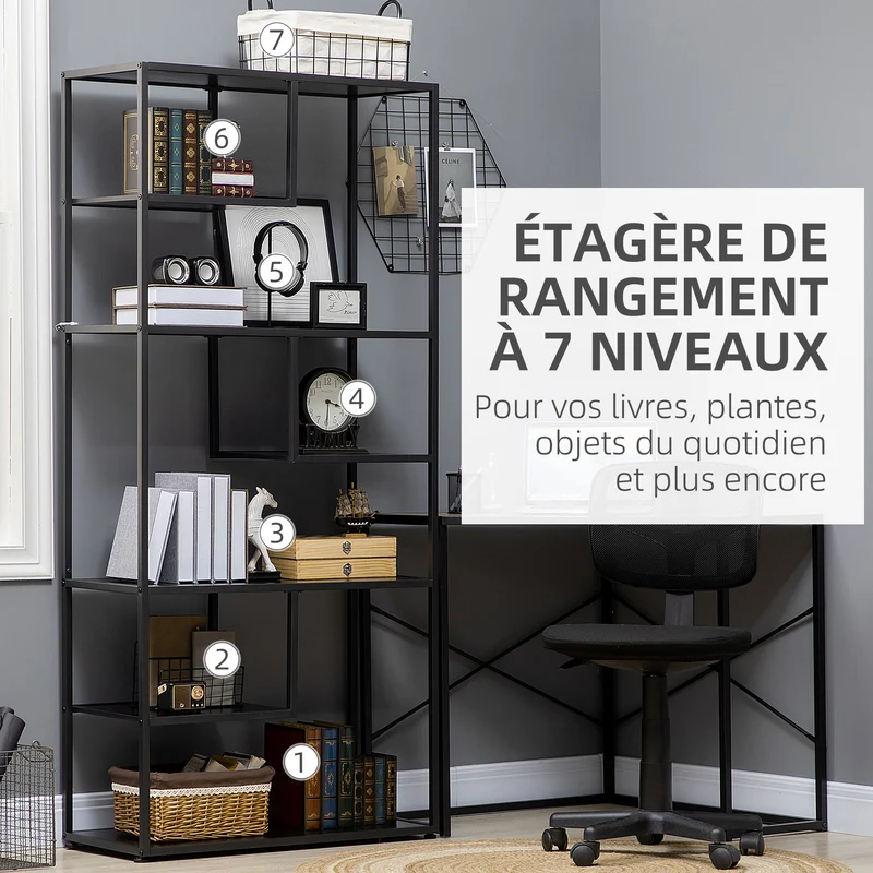 Bibliothèque étagère de rangement salon 83 x 34 x 180 cm gain de place 7 niveaux style industriel épuré en MDF noir 21_0002888