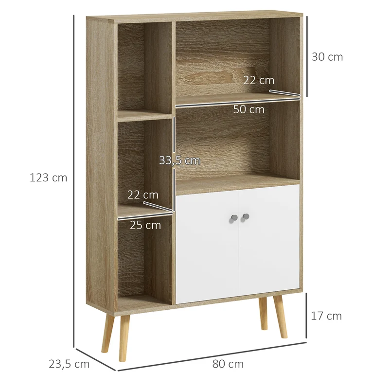 Bibliothèque étagère 80 x 23,5 x 123 cm 5 niches 1 placard pieds effilés inclinés scandinave pratique en bois chêne 21_0002410