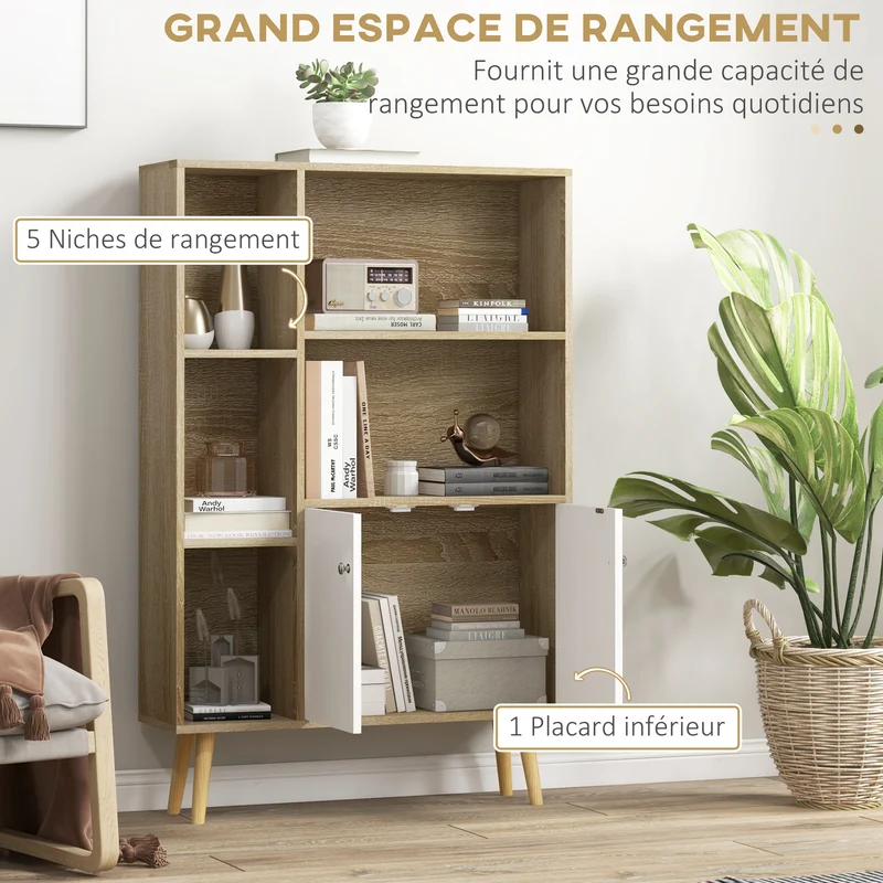 Bibliothèque étagère 80 x 23,5 x 123 cm 5 niches 1 placard pieds effilés inclinés scandinave pratique en bois chêne 21_0002410
