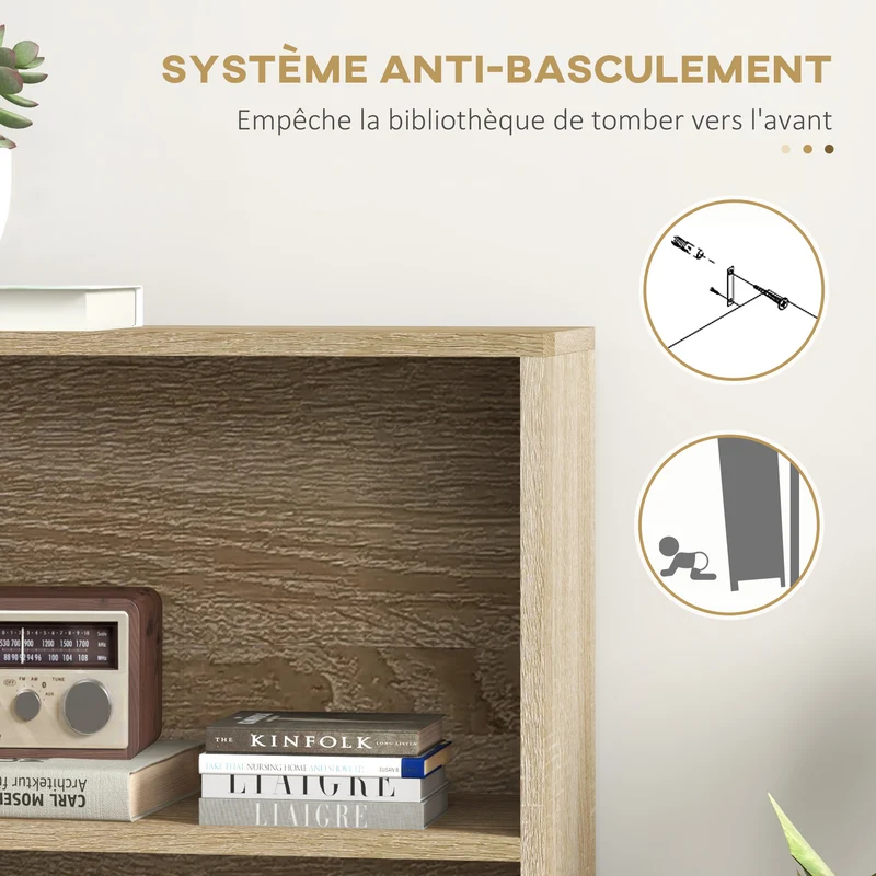 Bibliothèque étagère 80 x 23,5 x 123 cm 5 niches 1 placard pieds effilés inclinés scandinave pratique en bois chêne 21_0002410