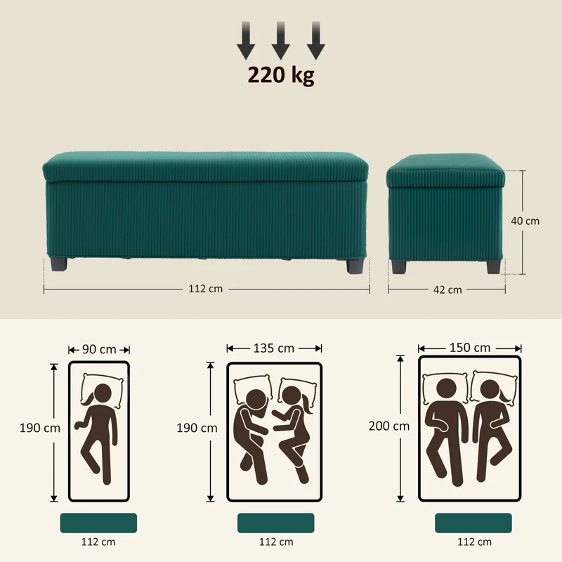 Banc de rangement bout de lit 112 x 42 x 40 cm rangement 84 l assise confortable moderne tendance salon en velours vert 21_0002966