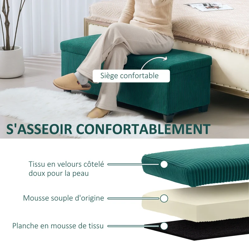 Banc de rangement bout de lit 112 x 42 x 40 cm rangement 84 l assise confortable moderne tendance salon en velours vert 21_0002966
