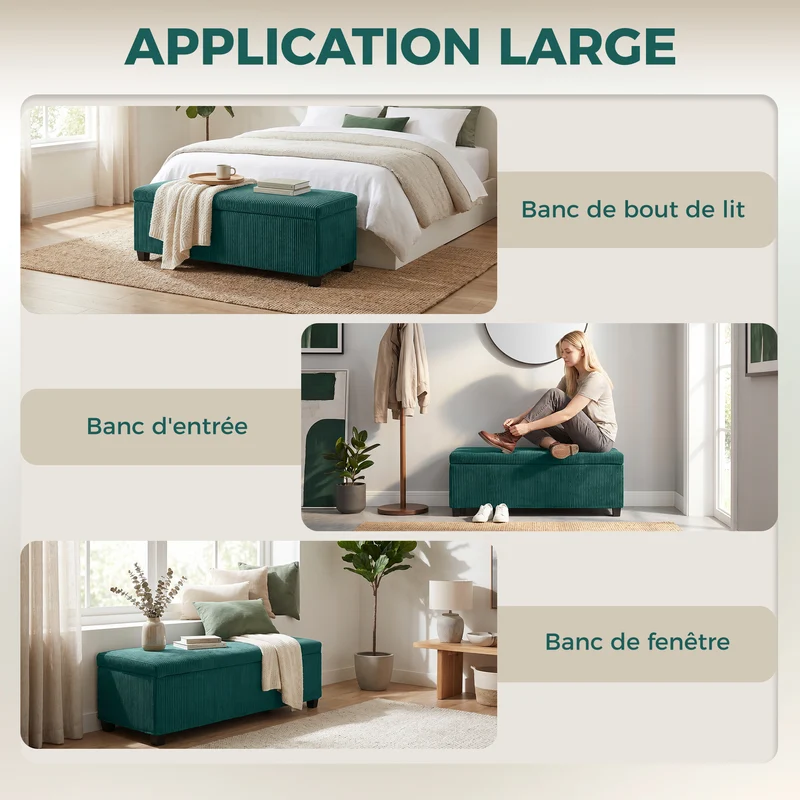 Banc de rangement bout de lit 112 x 42 x 40 cm rangement 84 l assise confortable moderne tendance salon en velours vert 21_0002966