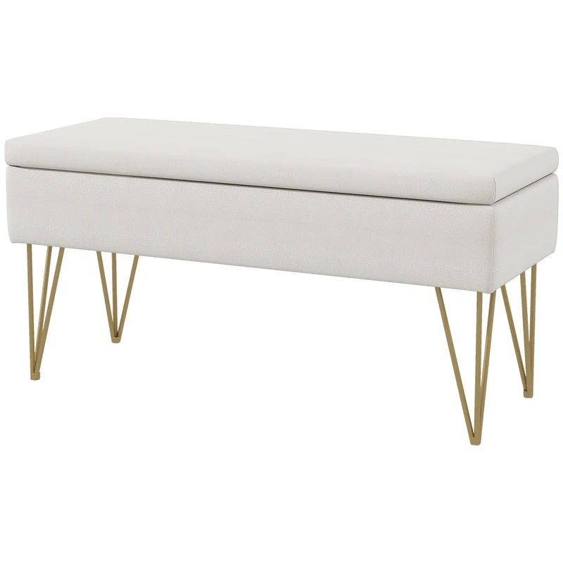 Banc coffre rectangulaire salon entrée 100 x 40 x 49 cm rangement pratique assise douce minimaliste en polyester crème 21_0001583