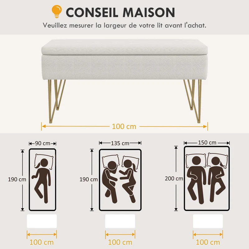 Banc coffre rectangulaire salon entrée 100 x 40 x 49 cm rangement pratique assise douce minimaliste en polyester crème 21_0001583