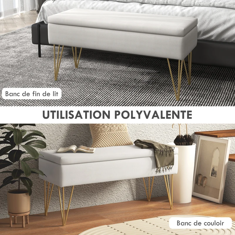 Banc coffre rectangulaire salon entrée 100 x 40 x 49 cm rangement pratique assise douce minimaliste en polyester crème 21_0001583