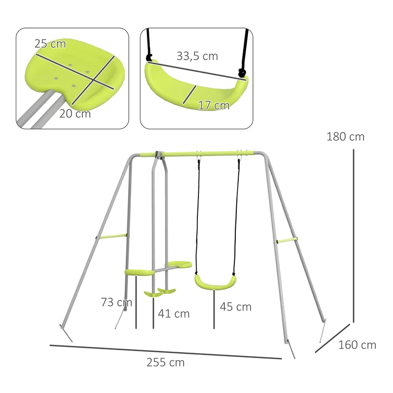 Balançoire portique jardin 255 x 160 x 180 cm capacité 135 kg résistante aux intempéries moderne design en métal vert 21_0000375